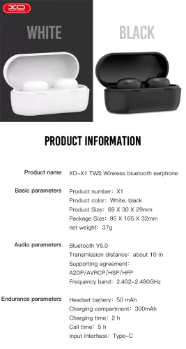 XO TWS Bluetooth sztereó headset v5.0 + töltőtok - XO X1 True Wireless Earphones with Charging Case - fehér