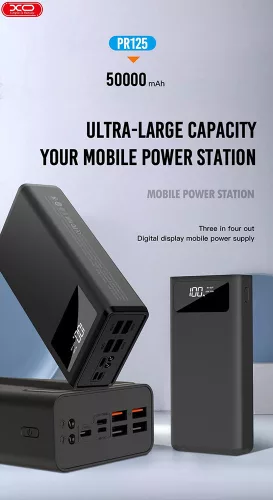XO univerzális hordozható, asztali akkumulátor töltő - 50.000 mAh - XO PR125    Power Bank - 4xUSB + microUSB + Type-C + Lightning - fekete