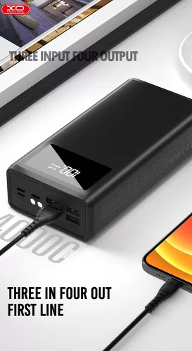 XO univerzális hordozható, asztali akkumulátor töltő - 50.000 mAh - XO PR125    Power Bank - 4xUSB + microUSB + Type-C + Lightning - fekete