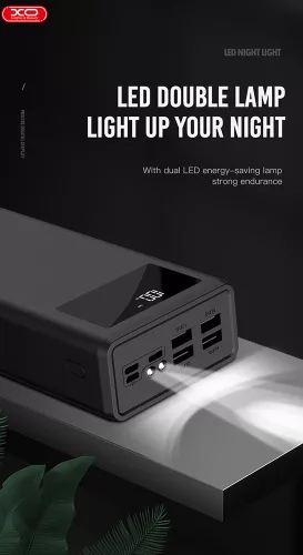 XO univerzális hordozható, asztali akkumulátor töltő - 50.000 mAh - XO PR125    Power Bank - 4xUSB + microUSB + Type-C + Lightning - fekete