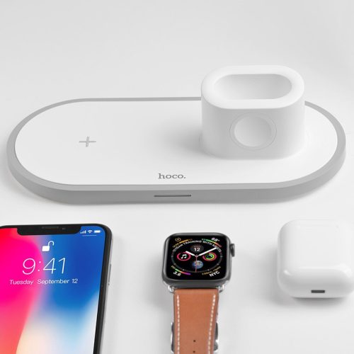 HOCO Qi univerzális vezeték nélküli töltő állomás - 10W - HOCO CW21 Wireless    Fast Charger 3in1 - Qi eszköz/Apple iWatch/TWS Airpods - fehér