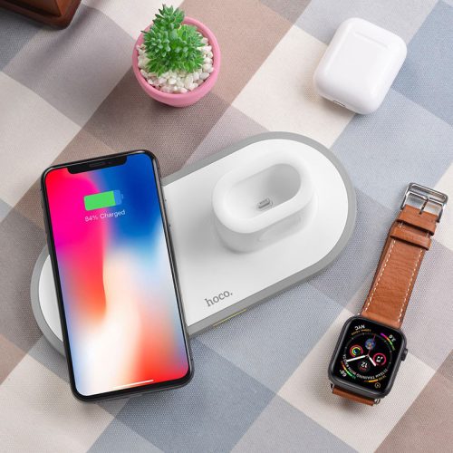 HOCO Qi univerzális vezeték nélküli töltő állomás - 10W - HOCO CW21 Wireless    Fast Charger 3in1 - Qi eszköz/Apple iWatch/TWS Airpods - fehér