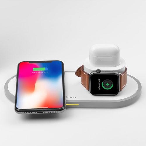 HOCO Qi univerzális vezeték nélküli töltő állomás - 10W - HOCO CW21 Wireless    Fast Charger 3in1 - Qi eszköz/Apple iWatch/TWS Airpods - fehér