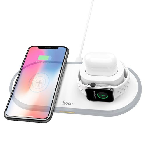 HOCO Qi univerzális vezeték nélküli töltő állomás - 10W - HOCO CW21 Wireless    Fast Charger 3in1 - Qi eszköz/Apple iWatch/TWS Airpods - fehér