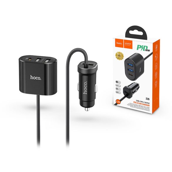 HOCO szivargyújtó töltő + USB elosztó HUB 3xUSB + Type-C csatlakozóval, 1,2 m-es vezetékkel - PD3.0/QC3.0/QC2.0 - 42W - HOCO Z35 - fekete