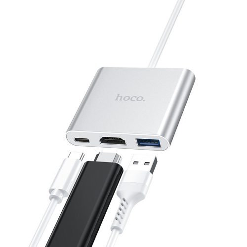 HOCO USB Type-C elosztó HUB - USB 3.0 + HDMI + Type-C PD 2.0 - HOCO HB14 Type-C to 3in1 Adapter - ezüst