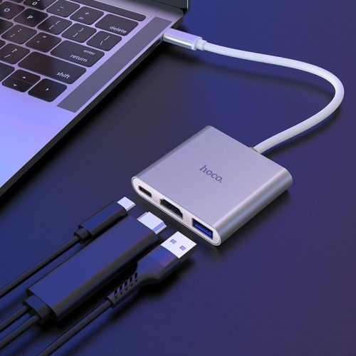HOCO USB Type-C elosztó HUB - USB 3.0 + HDMI + Type-C PD 2.0 - HOCO HB14 Type-C to 3in1 Adapter - ezüst
