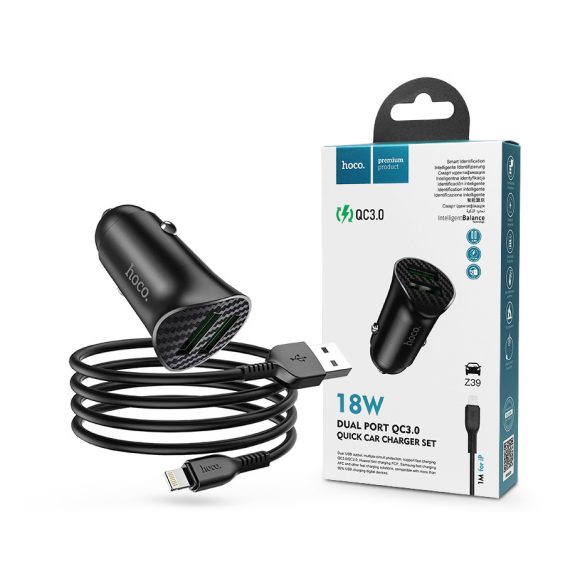 HOCO 2xUSB szivargyújtó töltő adapter + USB - Lightning kábel 1 m-es vezetékkel - HOCO Z39 Dual Port QC3.0 Quick Car Charger Set - 18W - fekete