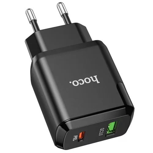 HOCO hálózati töltő adapter Type-C + USB bemenettel - 20W - HOCO N5 Super Fast  Charger PD3.0 + QC3.0 - fekete
