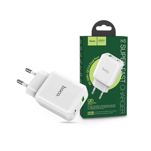 HOCO hálózati töltő adapter Type-C + USB bemenettel - 20W - HOCO N5 Super Fast  Charger PD3.0 + QC3.0 - fehér