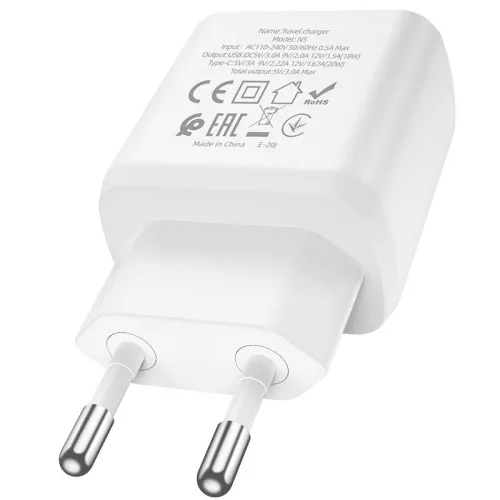HOCO hálózati töltő adapter Type-C + USB bemenettel - 20W - HOCO N5 Super Fast  Charger PD3.0 + QC3.0 - fehér