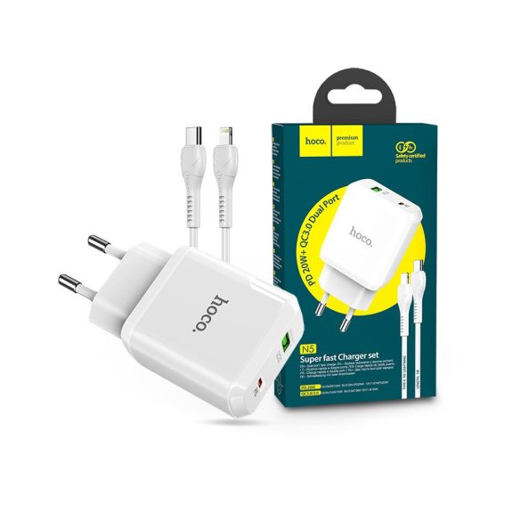 HOCO hálózati töltő adapter Type-C + USB bemenettel + Type-C - Lightning kábel -20W - HOCO N5 Super Fast Charger PD3.0 + QC3.0 - fehér