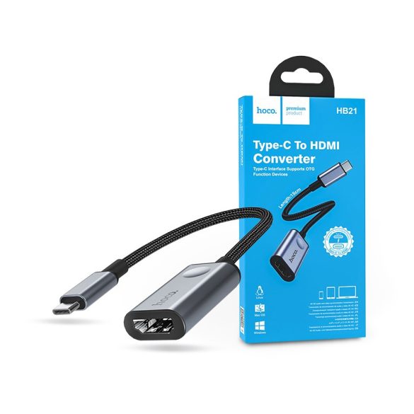 HOCO Type-C - HDMI konverter 15 cm-es vezetékkel - HOCO HB21 Type-C to HDMI     Converter 4K HD - fekete