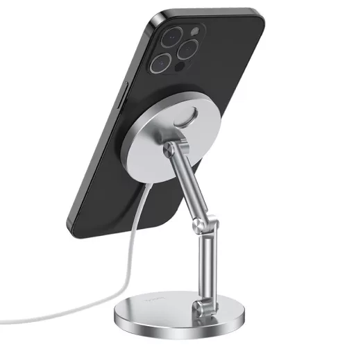 HOCO univerzális asztali telefontartó mágneses vezeték nélküli töltőhöz - HOCO  PH39 Alloy Desktop Stand for Magnetic Charger - ezüst