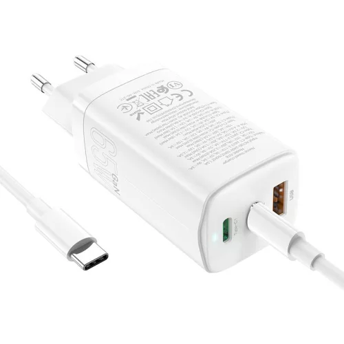 HOCO hálózati töltő adapter 2xType-C + USB bemenettel + Type-C - Type-C kábel - 65W - HOCO N16 GaN Fast Charging PD3.0 + QC3.0 - fehér
