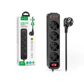   HOCO hálózati elosztó 4 kimenetes tápelosztó aljzattal, 20W Type-C PD3.0 és 18W 2xUSB-A QC3.0 gyorstöltő kimenettel - fekete