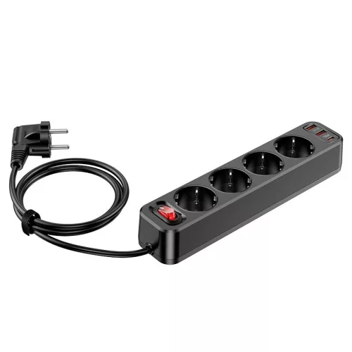 HOCO hálózati elosztó 4 kimenetes tápelosztó aljzattal, 20W Type-C PD3.0 és 18W 2xUSB-A QC3.0 gyorstöltő kimenettel - fekete