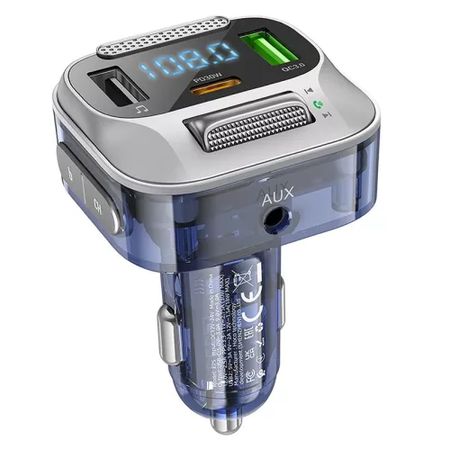HOCO Bluetooth FM-transmitter/szivargyújtó töltő - 2xUSB + AUX + MP3 + PD30W +  QC 3.0 - HOCO E75 - ezüst