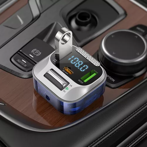 HOCO Bluetooth FM-transmitter/szivargyújtó töltő - 2xUSB + AUX + MP3 + PD30W +  QC 3.0 - HOCO E75 - ezüst