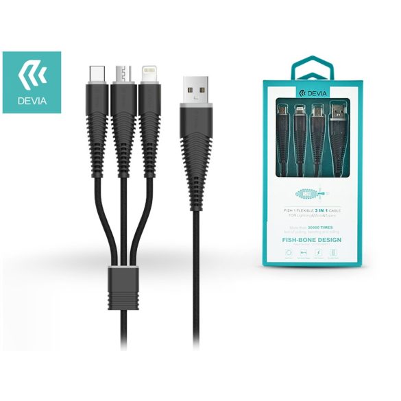 Devia USB töltő- és adatkábel 1,2 m-es vezetékkel - Devia Fish1 Flexible 3in1   for Lightning/Android/Type-C USB 2.4 - fekete