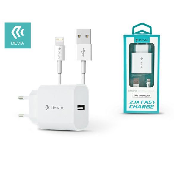 Devia USB hálózati töltő adapter + USB - Lightning kábel (MFI engedélyes) -     5V/2,1A - Devia Smart Fast Charger Suit - fehér