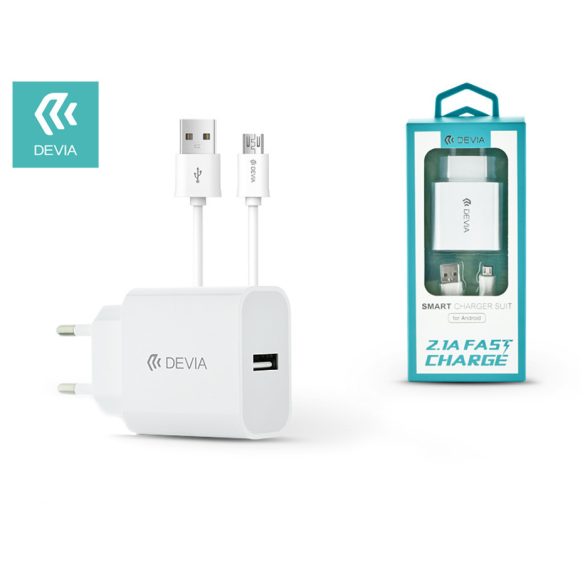 Devia USB hálózati töltő adapter + micro USB kábel 1 m-es vezetékkel - Devia    Smart USB Fast Charge for Android - 5V/2,1A - fehér