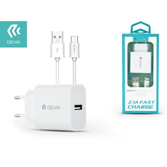 Devia USB hálózati töltő adapter + USB Type-C kábel 1 m-es vezetékkel - Devia   Smart USB Fast Charge for Type-C 2.0 - 5V/2,1A - fehér