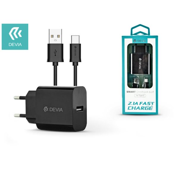 Devia USB hálózati töltő adapter + USB Type-C kábel 1 m-es vezetékkel - Devia   Smart USB Fast Charge for Type-C 2.0 - 5V/2,1A - fekete