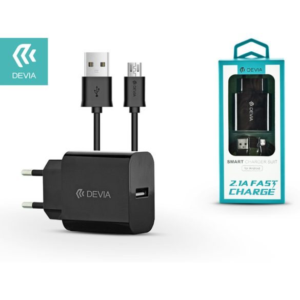 Devia USB hálózati töltő adapter + USB - micro USB kábel 1 m-es vezetékkel -    Devia Smart USB Fast Charge for Android - 5V/2,1A - fekete