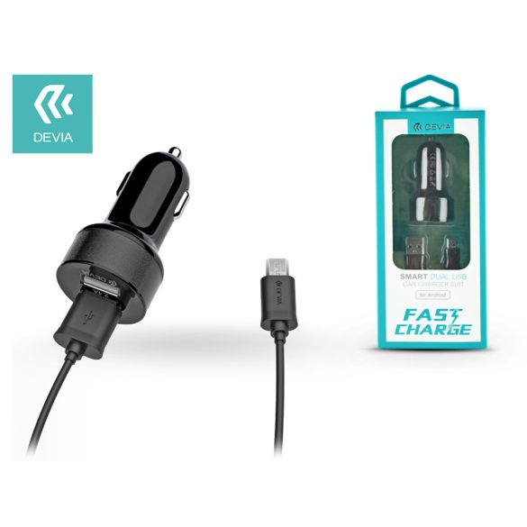Devia 2xUSB szivargyújtós töltő adapter + USB - micro USB kábel 1 m-es          vezetékkel - Devia Smart Dual USB Fast Charge for Android - 5V/2,4A - fekete