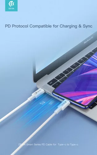 Devia USB Type-C - USB Type-C adat- és töltőkábel 1,2 m-es vezetékkel - Devia   Smart PD Cable for Type-C - 60W - fehér