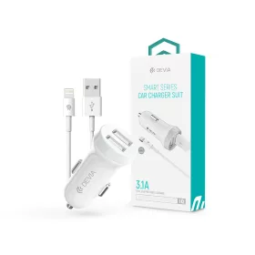   Devia szivargyújtós töltő adapter 2xUSB bemenettel + USB - Lightning kábel -    5V/3,1A - Devia Smart Series Dual Car Charger Suit - fehér