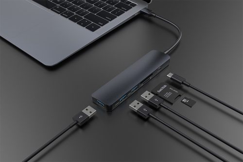 Devia USB Type-C - 3xUSB 3.0 + PD + kártyaolvasó elosztó/adapter - Devia Leopard5 in 1 Hub - fekete