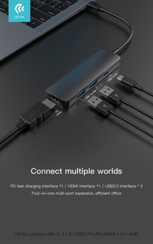 Devia USB Type-C - 2xUSB 3.0 + PD + HDMI elosztó/adapter - Devia Leopard 4 in 1 Hub - fekete