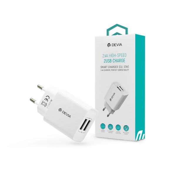 Devia 2xUSB hálózati töltő adapter - 5V/2,4A - Devia Smart Series 2 USB Charger - fehér