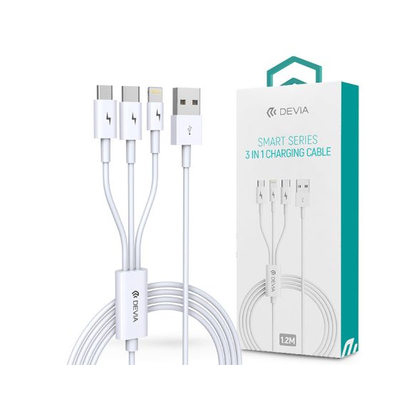 Devia USB töltőkábel 1,2 m-es vezetékkel - Devia Smart Series 3in1 for          Lightning/micro USB/Type-C - 2A - fehér
