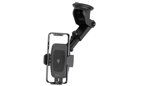 Devia szellőzőrácsba illeszthető / műszerfalra ragasztható vezeték nélküli      autóstöltő/tartó - 5V/2A - Devia Navigation Wireless Charger Car Mount - 10W -  Qi szabványos - fekete
