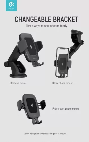 Devia szellőzőrácsba illeszthető / műszerfalra ragasztható vezeték nélküli      autóstöltő/tartó - 5V/2A - Devia Navigation Wireless Charger Car Mount - 10W -  Qi szabványos - fekete