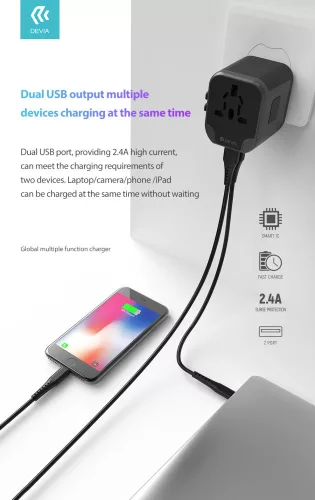 Devia többfunkciós globális hálózati töltő adapter (UK/EU/USA/USA/Japán/AU) -   Devia Global Multiple Function Charger - fekete
