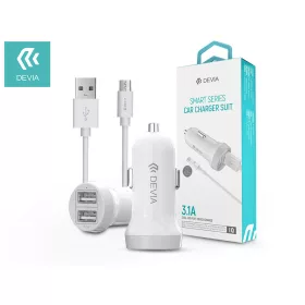   Devia 2xUSB szivargyújtó töltő adapter + USB - micro USB kábel 1 m-es vezetékkel- Devia Smart Series Dual USB Quick Charge - 5V/3,1A - fehér