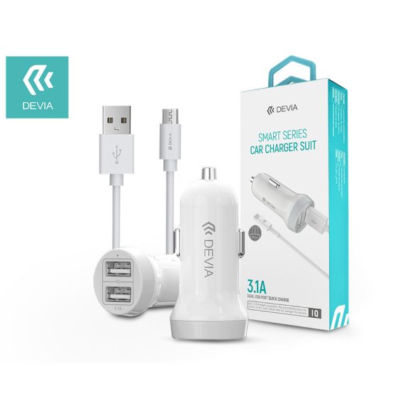 Devia 2xUSB szivargyújtó töltő adapter + USB - micro USB kábel 1 m-es vezetékkel- Devia Smart Series Dual USB Quick Charge - 5V/3,1A - fehér