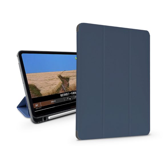 Apple iPad 10.2 (2019/2020/2021) tablet tok (Smart Case) on/off funkcióval, Apple Pencil tartóval, mágneses töltővel - Devia Leather Case With Pencil Slot - sötétkék