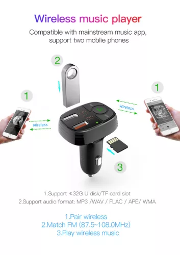 Devia Bluetooth FM-transmitter/szivargyújtó töltő - 2xUSB + MP3/WMA/WAV/Flac +  Pendrive/TF-kártyaolvasó - Devia Smart Series - fekete