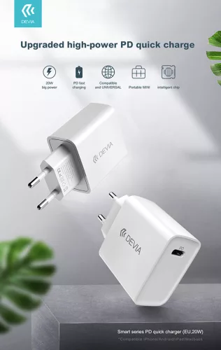 Devia hálózati töltő adapter Type-C bemenettel - 20W - Devia Smart Series PD3.0 Quick Charger - fehér