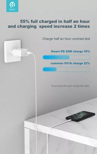 Devia hálózati töltő adapter Type-C bemenettel - 20W - Devia Smart Series PD3.0 Quick Charger - fehér