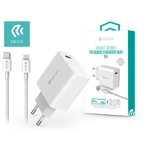 Devia hálózati töltő adapter Type-C bemenettel + Type-C - Lightning kábel - 20W - Devia Smart Series PD3.0 Quick Charger Suit - fehér