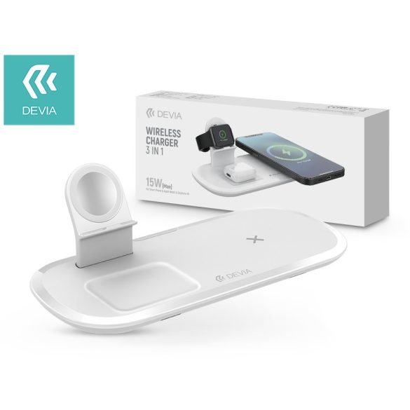 Devia Qi univerzális vezeték nélküli töltő állomás - 15W - Devia V.5 3in1 Wireless Charger for Smartphone + Apple Watch + Earphone - fehér