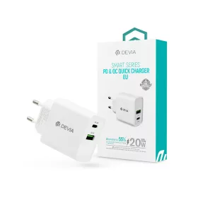  Devia hálózati töltő adapter Type-C + USB bemenettel - 20W - Devia Smart Series PD3.0 + QC3.0 - Qualcomm Quick Charge 3.0 - fehér