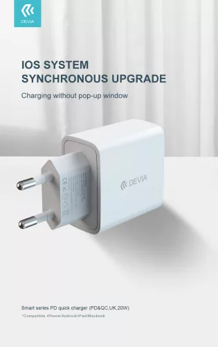 Devia hálózati töltő adapter Type-C + USB bemenettel - 20W - Devia Smart Series PD3.0 + QC3.0 - Qualcomm Quick Charge 3.0 - fehér
