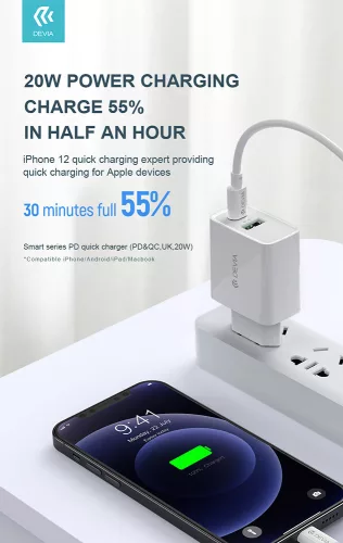 Devia hálózati töltő adapter Type-C + USB bemenettel - 20W - Devia Smart Series PD3.0 + QC3.0 - Qualcomm Quick Charge 3.0 - fehér